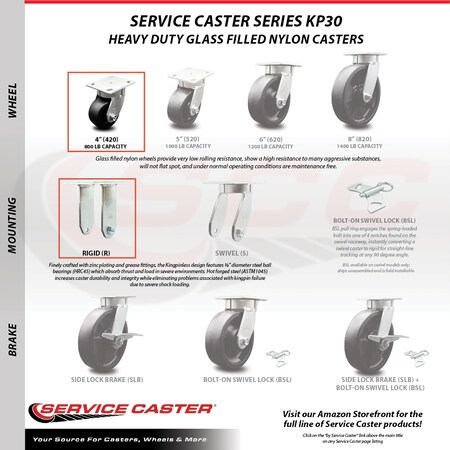 Service Caster 4 Inch Kingpinless Glass Filled Nylon Caster Brakes/Swivel Locks 2 Rigid, 2PK SCC-KP30S420-GFNR-SLB-BSL-2-R-2